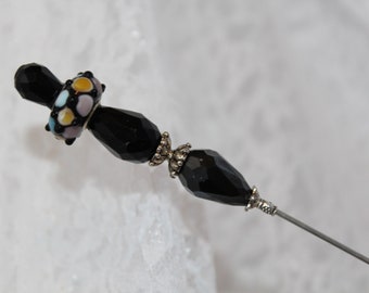 Black Crystal Hat Pin } 10" Long Sturdy Steel Stick & Clutch to Use } or Display } New Victorian Antique Funeral Hatpin Lapel Scarf HP657