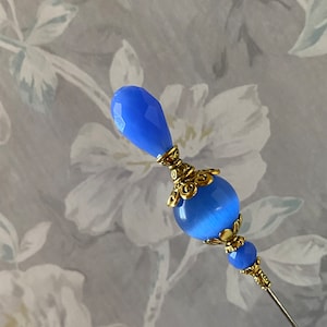 Blue Cat’s Eye Glass Long Hatpin }{ 4” to 14” }{ Choose your length }{ Sturdy Stick to Use with Cap Clutch }{ Cat Moonstone Hat Pin  HP4186