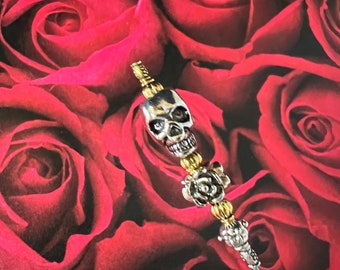 SKULL HAT PIN ~ Exquisite Gold and Silver Hatpin with Roses ~ Extra Long from 14” ~ Choice of lengths with Clutch to Wear ~ Mourning HP4658