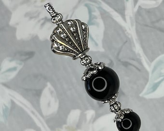 Antique Style Rhinestone Fan Black Glass Mourning Hatpin }{ Choose your Length 4” to 14” Long Sturdy Stick Victorian Funeral Hat Pin HP4321