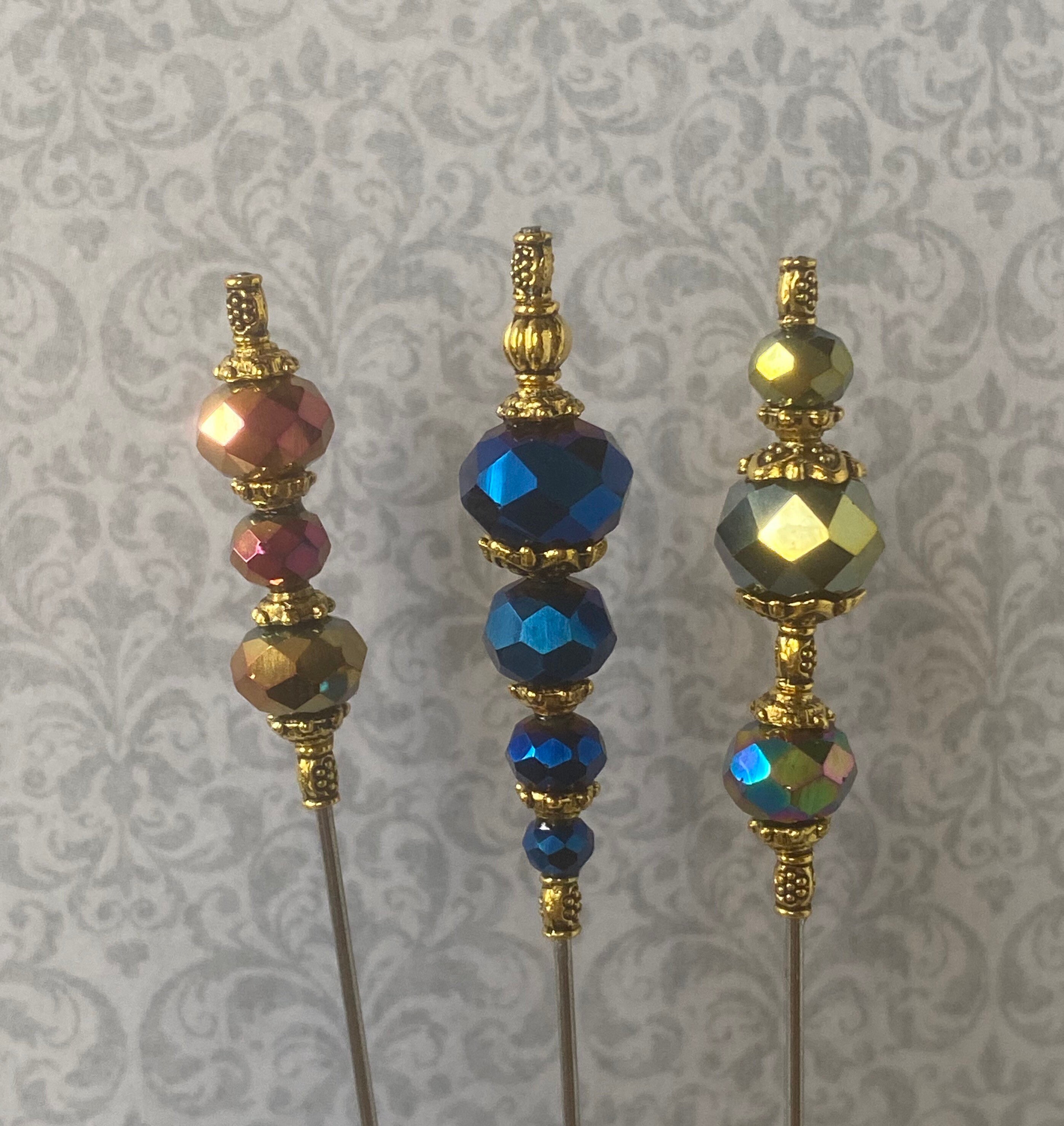 3 Carnival Glass Hat Pins }{ 6” Long Sturdy Sticks