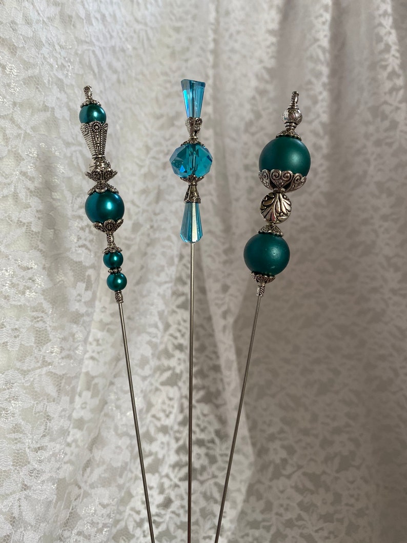 3 Large Victorian Hat Pins }{ Sparkling Crystal Glass Peacock } 10\u201d Long Sturdy Steel Sticks /& Caps }{ Hatpin Set Lot HP985