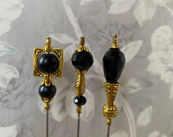 3 Black Crystal Glass Hat Pin Set }{ 5” Long Sturdy Stainless Steel Sticks & Clutches Morning Funeral Lapel Hatpin HP1739