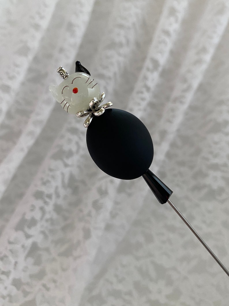 Cat Victorian Long Hat Pin 6 Sturdy Steel Stick with Clutch Cap to Wear Glass Kitty Kitten Black Hatpin HP1393 image 3