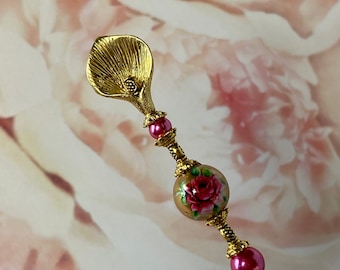 HATPIN }{ Victorian Hat Pin }{ Rich Deep Pink Roses and Pearls }{ Choose your Length }{ Sturdy Steel Stick and Cap to Wear }{ HP1798