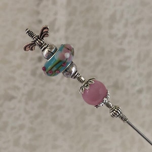 Victorian Hatpin }{ Pink Cat’s  Eye and Blue }{ 8” Long Sturdy Steel Stick & Clutch to Use and Wear }{ Vintage Style Cat }{ HP778