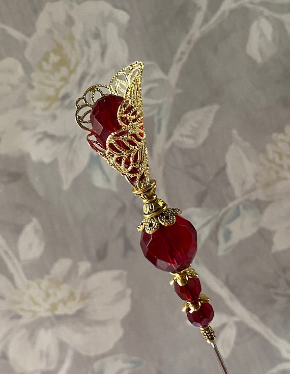 Sparkling Red Glass & Gold Filigree Calla Lily Hatpin  }{ 14” Long or Shorter Stick }{ Sharp Point Includes Cap  }{ Victorian Pin  HP4409