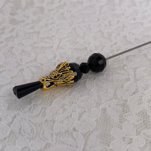 Dragon 7” Long Black Crystal Hat Pin }{ Sturdy Steel Stick with Cap Clutch }{ Halloween Skeleton Gothic Witch Hatpin Stick Lapel HP899 image 4