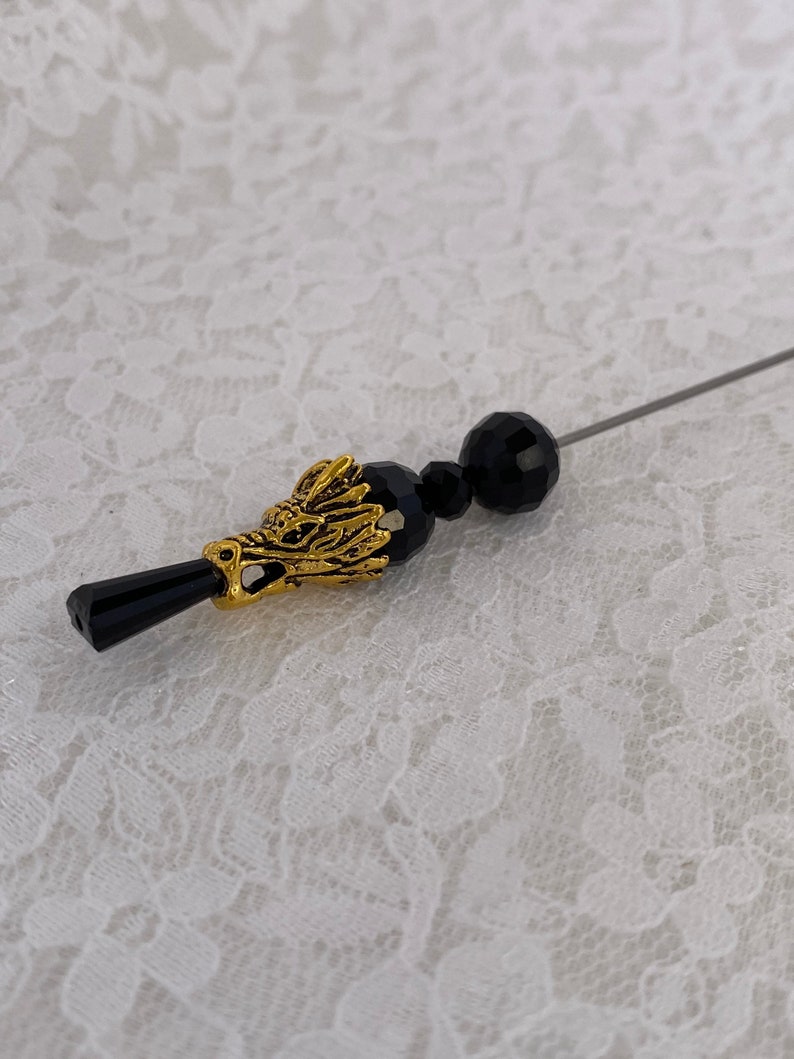 Dragon 7” Long Black Crystal Hat Pin }{ Sturdy Steel Stick with Cap Clutch }{ Halloween Skeleton Gothic Witch Hatpin Stick Lapel HP899 image 4