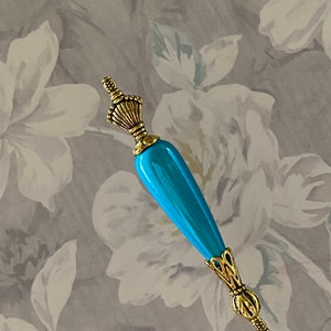 Glowing Aqua Blue Miracle Teardrop Hat Pin }{ Choose your Length }{ Sturdy Steel Stick with Sharp Point & Clutch Victorian Hatpin }{ HP4185