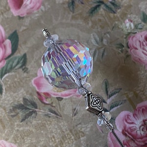 Sparkling Large Crystal Clear Iridescent Ball }{ 7” Long Hat Pin }{ Sturdy Steel Stick }{ Includes Clutch }{  HP4152