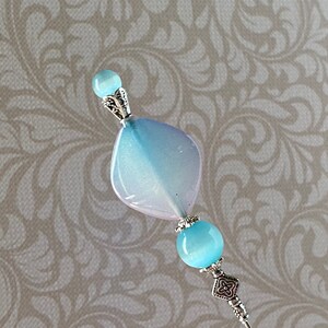 Long Hatpin }{ Aqua Blue Cat’s Eye Beads }{ Focal Bead colors flow  from Aqua Blues and Pinks }{ Hat Stick Pin HP4389