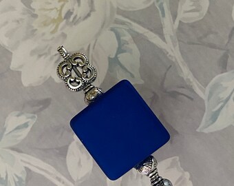 Large Cube Deep Blue Long Hat Pin }{ Unique Square Hatpin }{ Rubberized Focal Bead }{ Choose your length }{ Sturdy Stick with Clutch HP4356