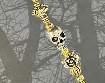 SKULL HAT PIN ~ Exquisite Gold and Silver Hatpin with Roses ~ Extra Long from 14” ~ Choice of lengths with Clutch to Wear ~ Mourning HP4660