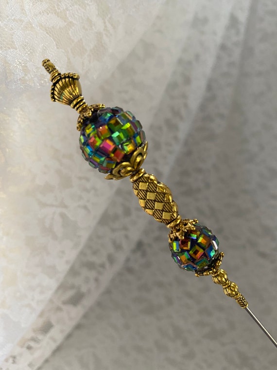 Vintage Hat - Hatpins & Mirror Victorian Hat Pin }{ Carnival Glass Mirror Ball Highlighted  main image 3