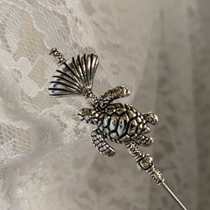 HATPIN }{ Turtle Stick Pin }{ Beach Wedding Lapel Boutonnière }{ Sun hat, Ocean, Sea, Cruise, Seashore }{ 6” Long to Wear HP1474