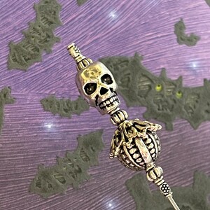 Skull Hatpin }{ Made Sturdy to Use and Wear }{ Choose 14” Long or Shorter }{ Very Sharp Point with Clutch }{ Halloween Witch Hat Pin HP4446
