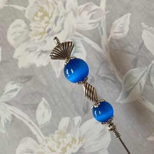 Blue Cat’s Eye Glass Long Hatpin }{ 8” Sturdy Stick to Use with Cap Clutch }{ Victorian Derby Hat Pin  HP4108