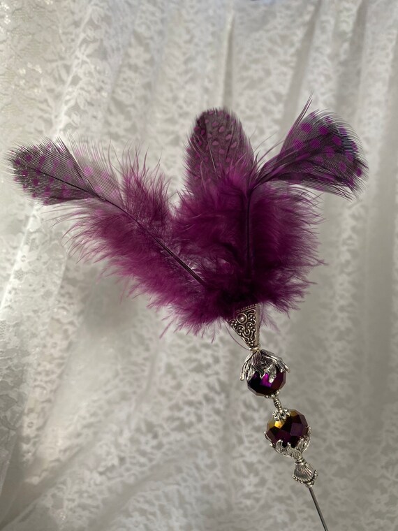 Victorian Hat Pin }{ 8.5 Long plus Feathers }{ Sturdy Steel Hatpin Stick with Clutch to Wear }{ Plum Purple Boysenberry Color Hatpin HP1186