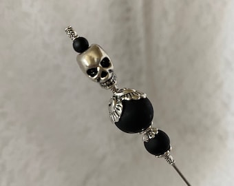Skull 6" Long Black Hat Pin }{ Sturdy  Stick to Use with Cap Clutch }{ Halloween Skeleton Gothic Witch Hatpin Stick Lapel HP855
