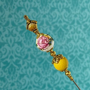 Pink Rose Victorian Hat Pin }{ Beautiful to Display }{ 9” or Shorter Sturdy Steel Stick and Cap to Use and Wear }{ Yellow Hatpin HP1718