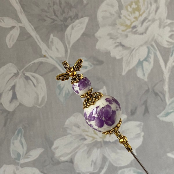 Lavender Flower Butterfly Hat Pin }{ Purple Porcelain }{ 7” Sturdy Steel Stick and Cap To Use or Display }{ Victorian Hatpin HP1724
