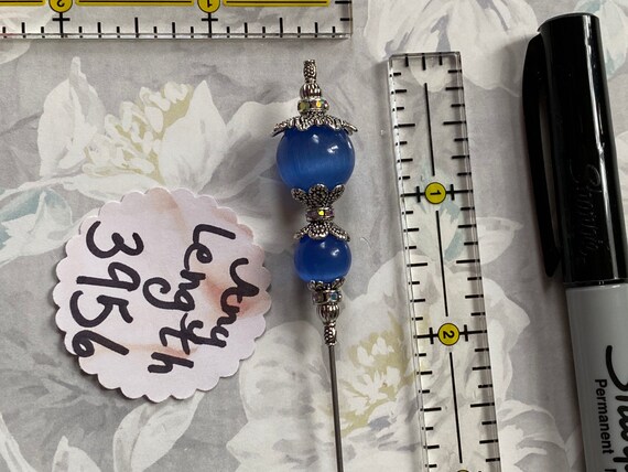 HAT PIN }{ Victorian Blue Cat's Eye Glass Hatpin }{ Extra Long