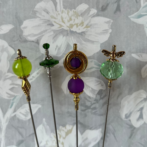 HATPINS }{ 4 Hat Pins }{ 5” Sturdy Steel Sticks to use and wear }{ Includes Clutches }{ Set of 4 Lapel Scarf Pin Green Purple  HP4708