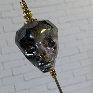 Large Glass Skull Lapel Pin  }{ 6” Long or Shorter }{ Sturdy Stick with Cap Clutch to Use }{ Halloween Skeleton Gothic Alien Hatpin HP1783