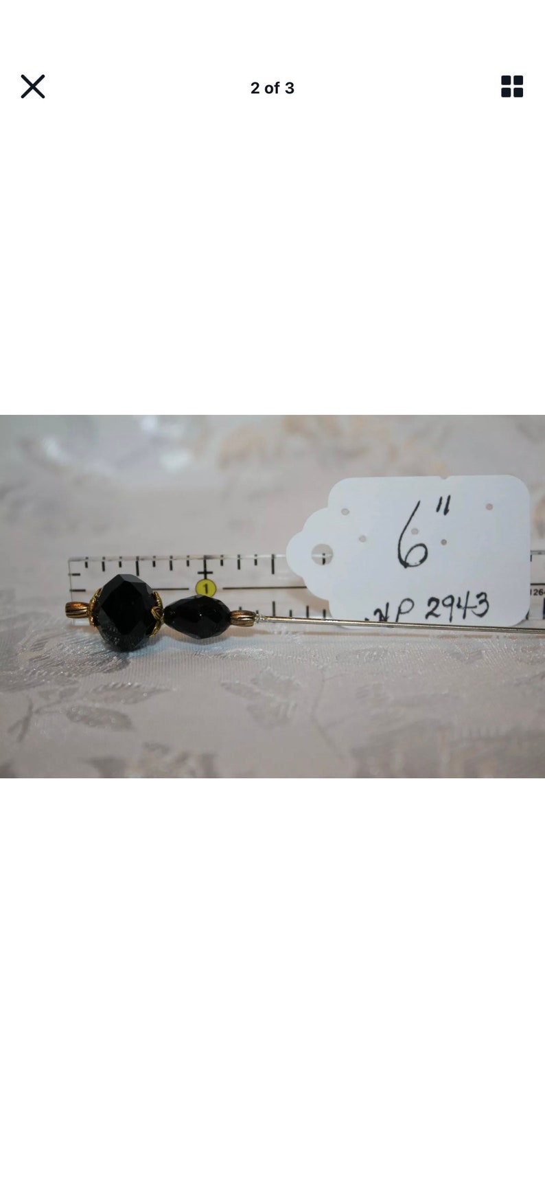 6 Long Hat Pin }{ Black Crystal Glass { Sturdy Stick } Mourning New Victorian Art Deco Edwardian Antique Lapel Scarf Hatpin Vintage HP2943