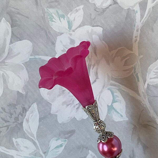 Victorian Pearl Hatpin }{  Lily Flower }{ Fuchsia Hot Pink }{ Choose your length }{ Sturdy Stick & Clutch }{ Made to Wear }{ Hat Pin HP1940