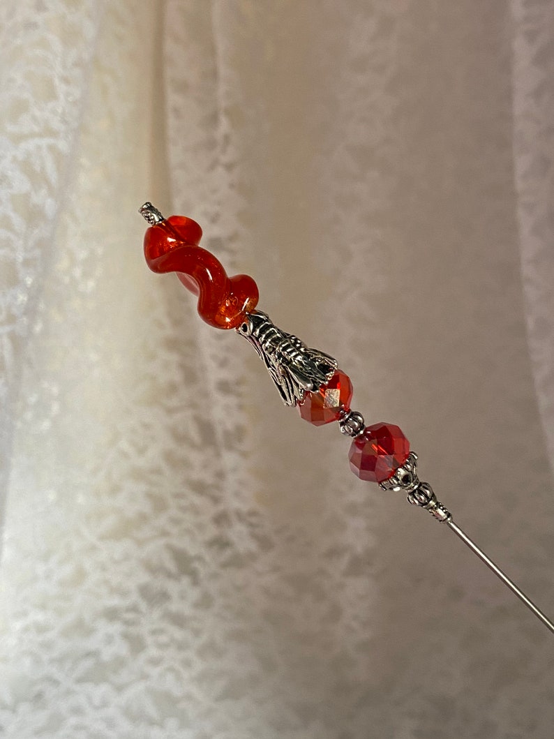 Dragon Hat Pin }{ Sparkling Orange Crystal Glass Fire 8\u201d Long Sturdy Pin and Clutch to cover sharp point }{ Hatpin HP961