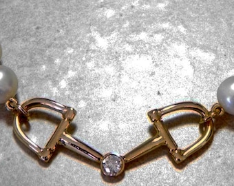 GORGEOUS Equestrian 14K Gold Horse Snaffle Bit Necklace 0.30ctw VS1 GIA Certified Diamond with Akoya Pearls