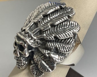 Anello Da Motociclista Con Teschio E Capo Indiano, Gioiello In Argento Sterling 925 Da 17 G, Timbrato BELDIAMO - Italia - Foto 5