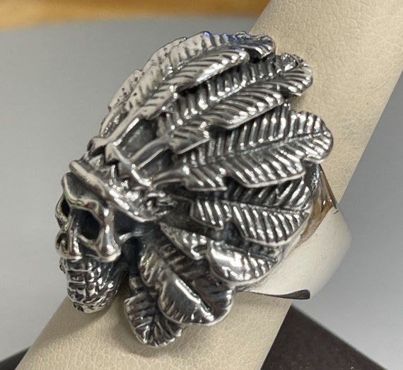 Anello Da Motociclista Con Teschio E Capo Indiano, Gioiello In Argento Sterling 925 Da 17 G, Timbrato BELDIAMO - Italia - Foto 12