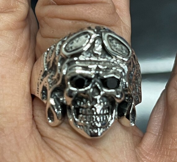 Bague aviateur tête de mort en argent sterling avec lunettes et