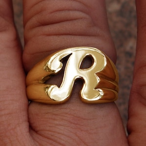 Anel de sinete elegante em ouro maciço 14K com letra R e nome inicial, masculino e feminino, uma verdadeira beleza