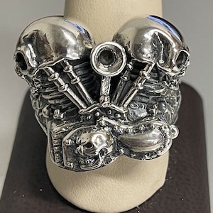 Sterling Silver Motorcycle Engine Skull Biker Ring