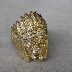 Cavalli Del Mar Large Heavy Solid 14K Gold VS1 Diamonds Indian Chief Head Mens Ring