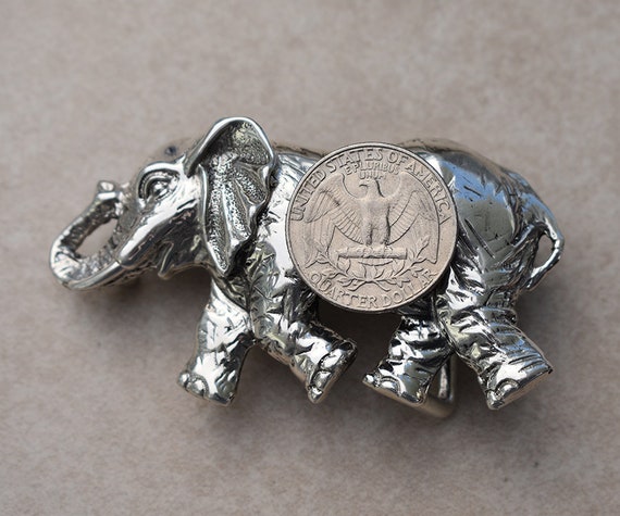 Large Sterling Silver 3D Trunk Up Walking Elephant Belt Buckle Great Details