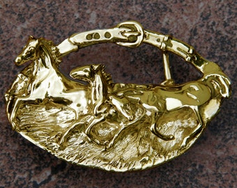 Cavalli Del Mar Solid 14K Gold Designer Equine 3D Horse Belt Buckle