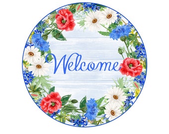 Red White Blue Flowers Metal Sign, Welcome Sign, Summer Wall Hanger, Spring Flowers Sign, Spring Wreath Attachment, Summer Door Decor