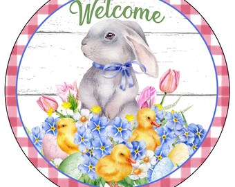 Easter Metal Sign, Welcome Sign, Bunny Wall Hanger, Duckling Metal Sign, Spring Flowers Sign, Spring Wreath Attachment, Summer Door Decor