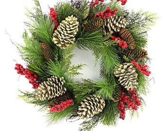 Christmas Berry Wreath, Christmas Evergreen, Winter Wreath, Holiday Wreath, Farmhouse Wreath, Christmas Decor, Pine Cone Wreath,  Rustic