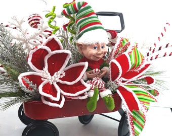 Red and White Centerpiece Elf Centerpiece Christmas Sleigh with Elves Centerpiece Christmas Centerpiece Elves In Sleigh Centerpiece