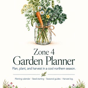 May include: A Zone 4 Garden Planner book cover featuring a watercolor illustration of a glass jar filled with fresh vegetables and flowers. The text reads: Zone 4 Garden Planner, Plan, plant, and harvest in a cool northern season, and Barefoot Holler.