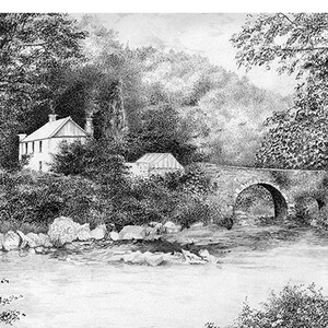 May include: A black and white pencil drawing of a stone bridge over a river. A house and a small building are visible in the background, surrounded by trees.