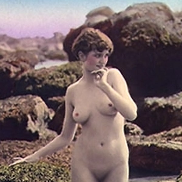 Nude in Tidal Pools - 19th Century French Postcard - Restored Vintage Photo - Archival Material - Giclee Print or Note Card