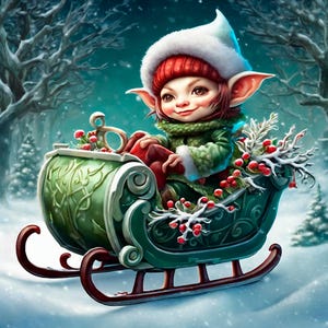 May include: A whimsical illustration of a smiling elf in a green sleigh decorated with berries and branches. The elf wears a red hat with a white brim, a green coat, and a green scarf. The background shows a snowy forest.