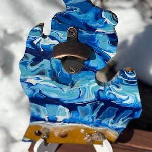 Michigan Shaped Great Lakes Inspired Wall Beer Bottle Opener Hand Painted and Resin Coated With Powerful Magnet to Catch Beer Cap